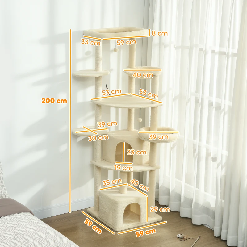 PawHut Arranhador Grande de 2 Metros para 2-3 Gatos, Postes para Arranhar, Tocas, Rede, Esconderijos, Design Multinível, Sisal, Madeira, Pelúcia, Bege