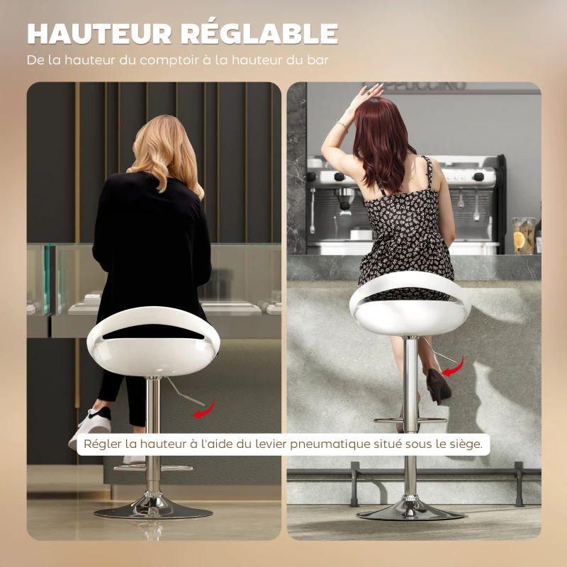 HOMCOM Lot de 2 tabourets de bar chaises de bar hauteur réglable dossier et repose-pieds pivotant à 360° 46x41x76-96cm blanc
