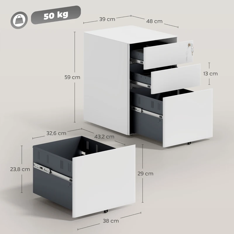 Vinsetto Gaveteiro móvel com 3 gavetas, armário de arquivos móvel com rodízios e fechadura, armário de escritório com arquivo suspenso e porta-canetas, gaveteiro para escritório, home office, 39 x 48 x 59 cm Branco
