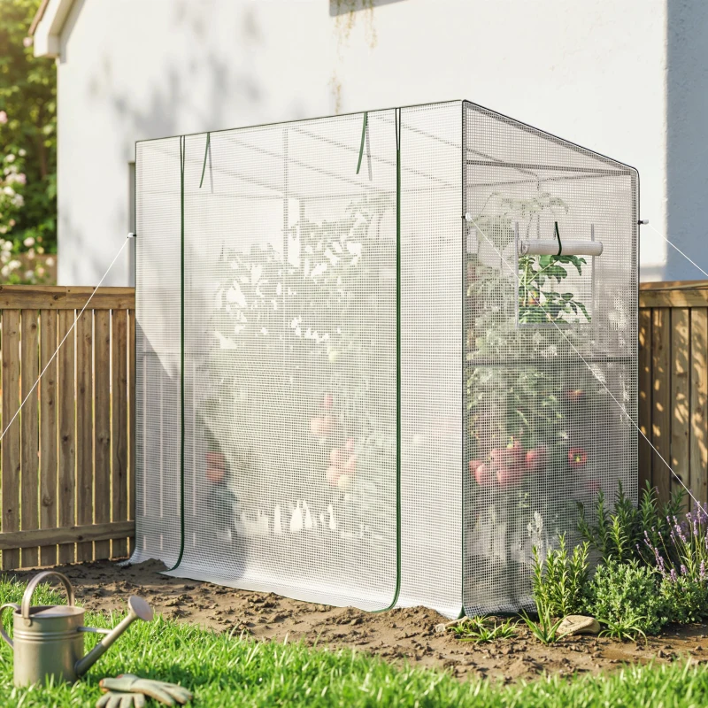 Outsunny Mini-estufa Estufa Encostada com Porta Enrolável e Janelas de Tela Resistente aos UV para Flores Mudas Plantas Branco