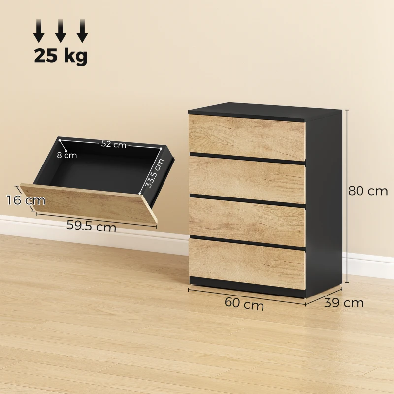HOMCOM Comodă cu 4 Sertare din Lemn cu Șine Metalice și Mânere Frezate, 60x40x80 cm, Negru și Stejar