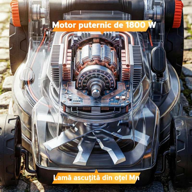 Outsunny Mașină de Tuns Iarba Electrică 1800W cu Lățime de Tăiere 40cm, Mulcire și Sac de Colectare 50L, Mâner Detașabil Reglabil, 6 Nivele de Tăiere 25-75 mm, Gri Deschis