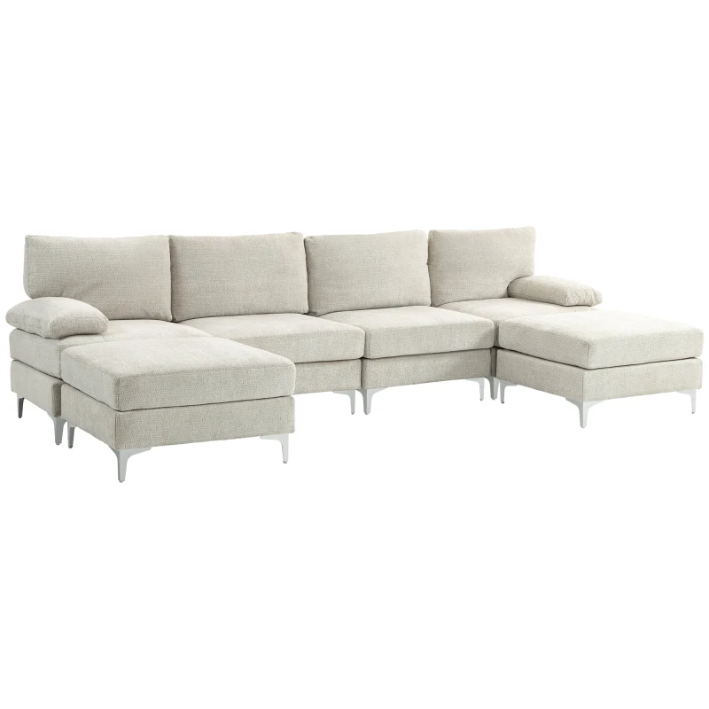 HOMCOM Canapea Modulară 4 Piese cu Suport pentru Picioare și Perne, din Țesătură Chenille, 313x149x88 cm, Crem(m-11)