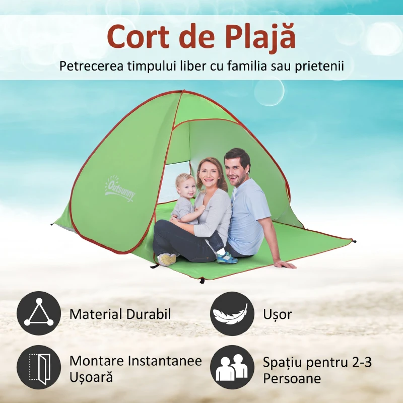 Cort de Plajă Outsunny Pop Up cu Protecție UV 30+ și Geantă de Transport, 200x150x119 cm, Verde