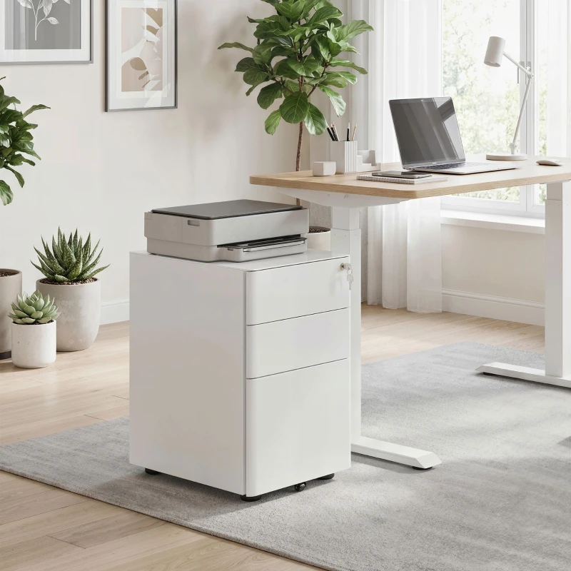 Vinsetto Gaveteiro móvel com 3 gavetas, armário de arquivos móvel com rodízios e fechadura, armário de escritório com arquivo suspenso e porta-canetas, gaveteiro para escritório, home office, 39 x 48 x 59 cm Branco