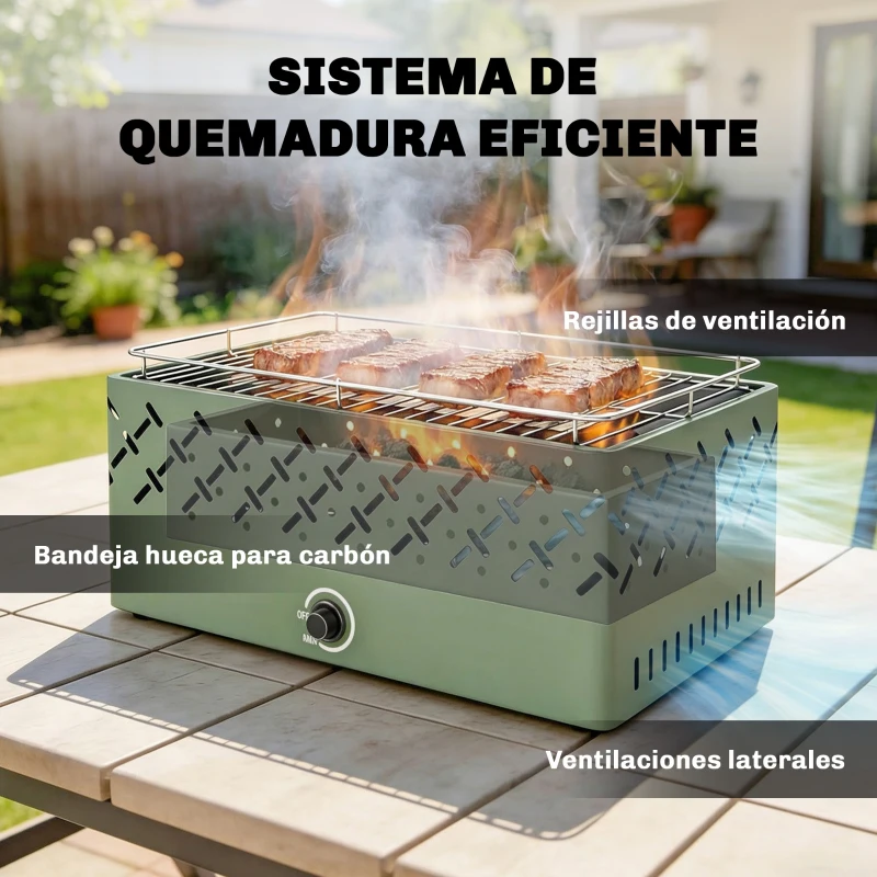 Outsunny Barbacoa de Carbón 45,5x29x21 cm con Ventilador Integrado Temperatura Ajustable y Bandeja de Carbón Verde Claro