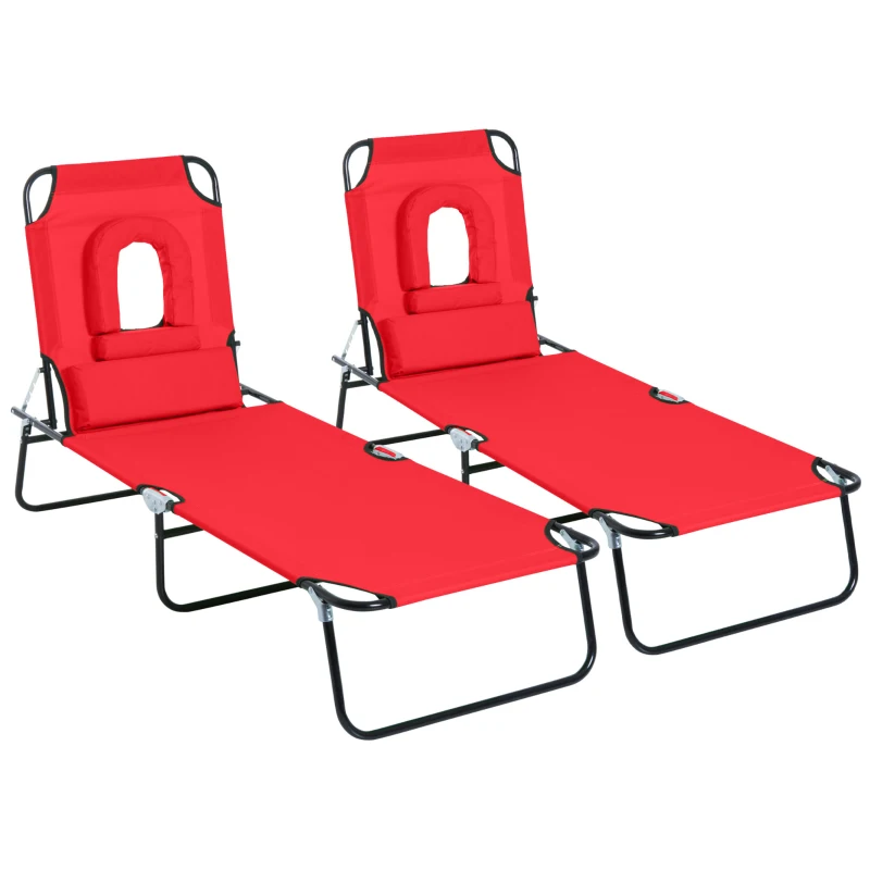 Outsunny Lot de 2 Bains de Soleil Pliable transat inclinable 4 Positions Chaise Longue de Lecture 3 Coussins fournis Rouge