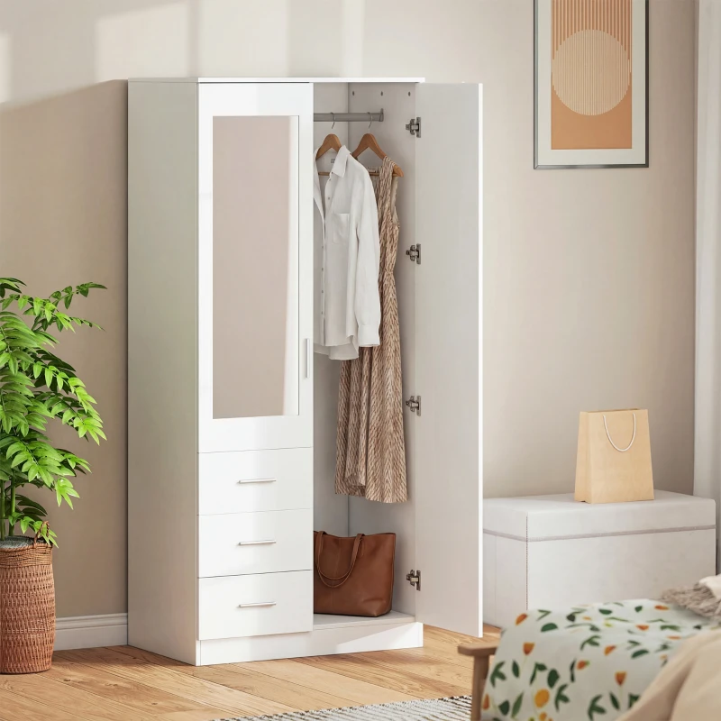 HOMCOM Armario Ropero de 2 Puertas con Espejo 3 Cajones Estantes Ajustables y Barra para Colgar Incluida 80x50x180 cm Blanco
