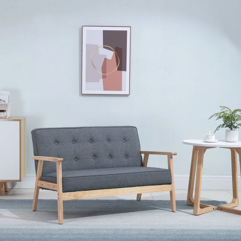 HOMCOM Sofá de 2 Plazas con Respaldo Cojines Acolchados Patas de Madera Antideslizantes Botones con Mechones 113x67x78 cm Gris