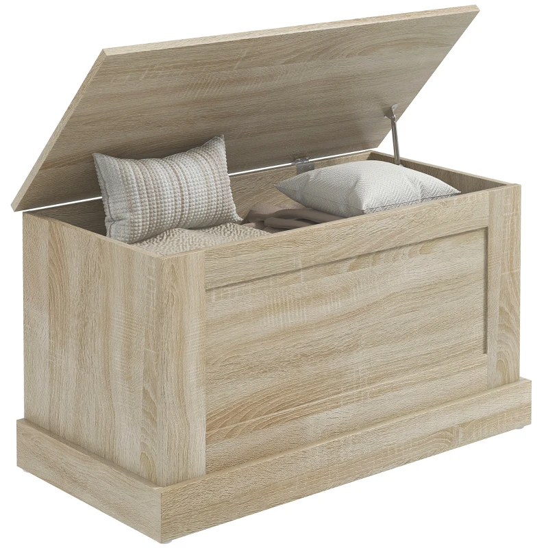 HOMCOM Coffre de rangement, coffre à jouets, avec charnière de sécurité, pour salon, en bois, 80 x 40 x 45 cm, bois naturel