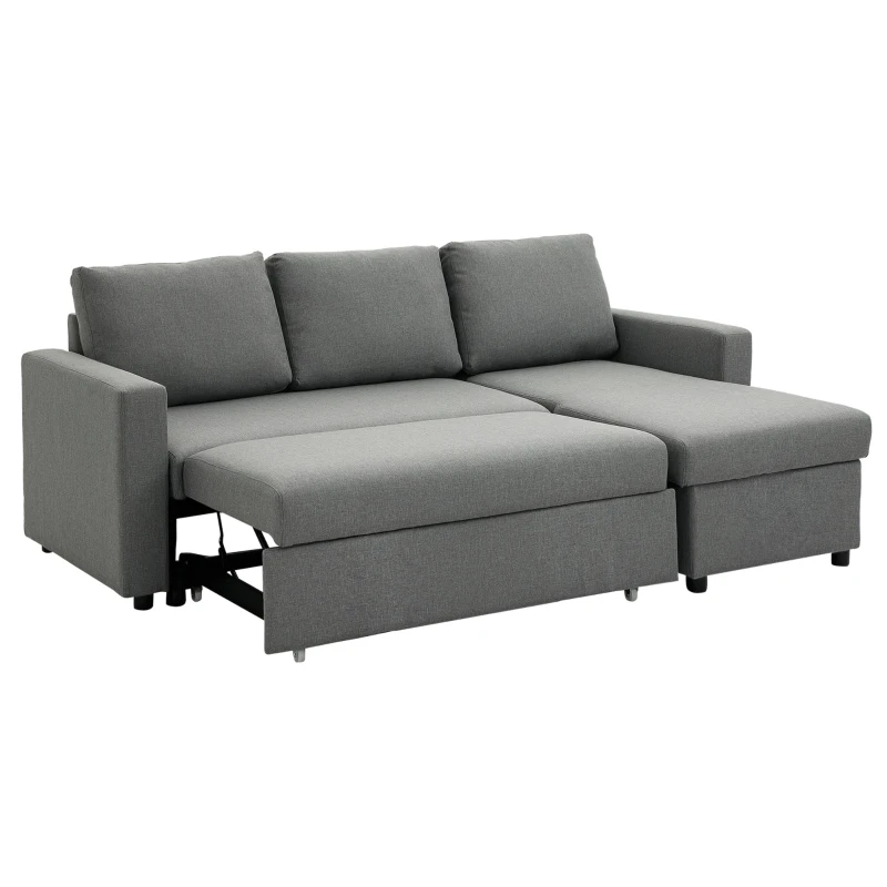 HOMCOM Sofá de Canto com Função de Dormir Baú Chaise Longue Sofá-Cama Sofá de Tecido em L Aspeto Linho 211,5x146x85 cm Cinza Claro