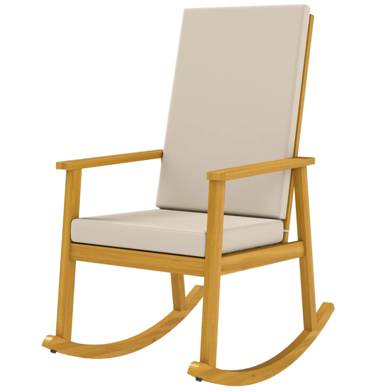 Outsunny Schaukelstuhl aus Akazienholz Schaukelsessel mit hoher Rückenlehne Kissen bis 160 kg 60 x 89 x 107 cm Beige