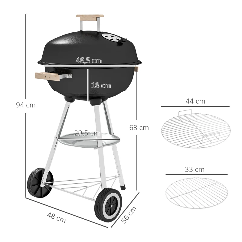 Outsunny Barbecue a Carbonella con Griglia in Acciaio, Coperchio e Prese d'Aria e Ruote, Nero