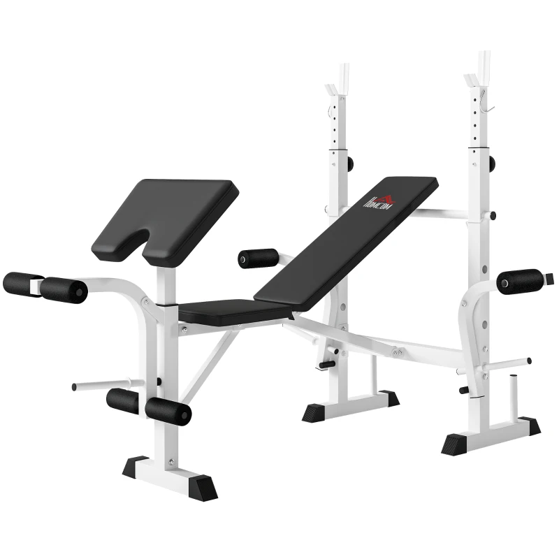 HOMCOM Banco de Musculación Inclinable con Soporte para Barra Ajustable Extensión de Piernas y Curl de Predicador para Gimnasio