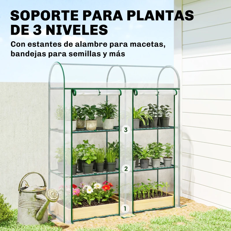 Outsunny Invernadero Pequeño de 3 Niveles 2 Puertas Enrollables Marco de Acero Cubierta de Plástico 143x46x164 cm Transparente