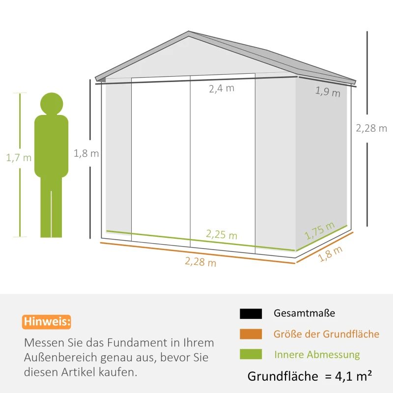 Outsunny Gerätehaus, 4,1m², Gartenhaus mit Satteldach, 240 x 190 x 180/228 cm