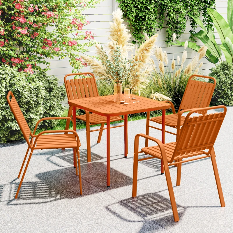 Outsunny Set de 4 Scaune de Grădină Stivuibile cu Spătar Înalt și Brațe, 56x66x91 cm, Maro Închis