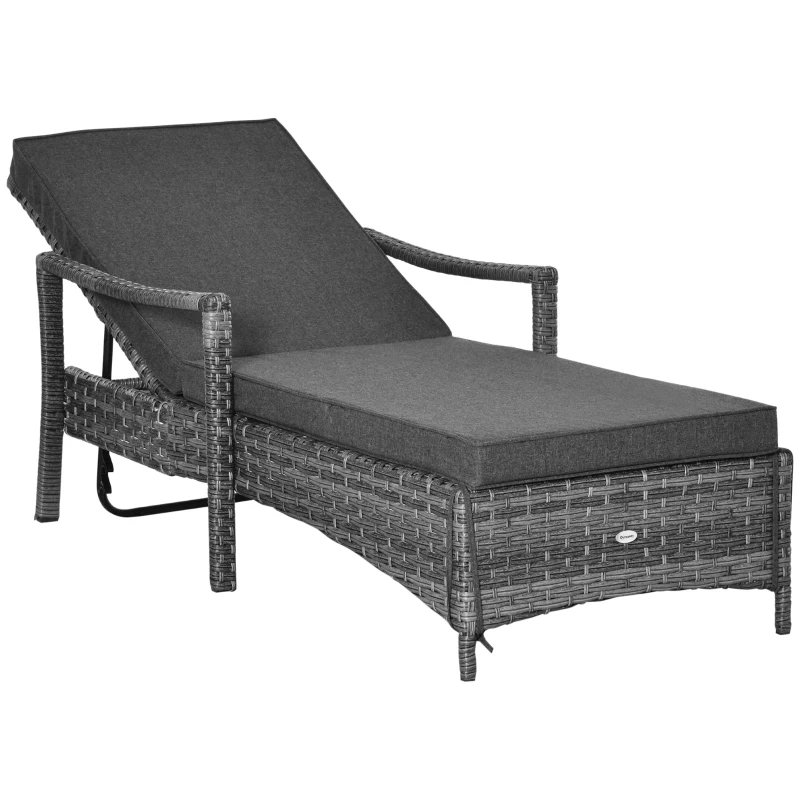 Outsunny Patio Rattan Sun Lounger, Dual Wicker Weave Outdoor Single Reclining Chair Furniture, 5-Level Adjustable Backrest w/ Removeable & Washable Cushion, Mixed Grey