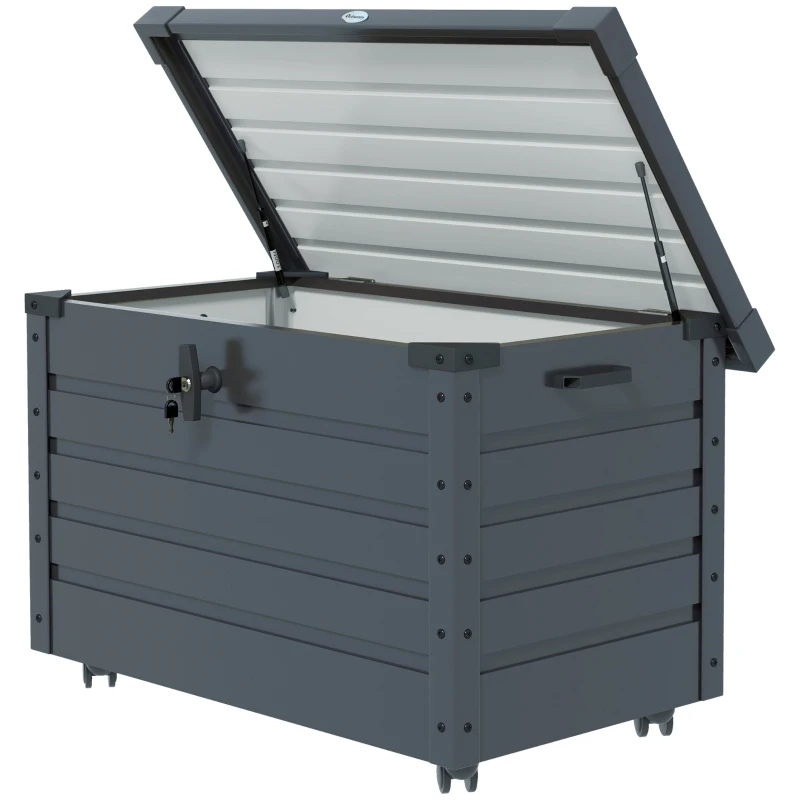 Outsunny Coffre de rangement extérieur 295L, avec vérin à gaz, roulettes et poignée, en acier galvanisé, 100 x 62 x 65 cm, gris