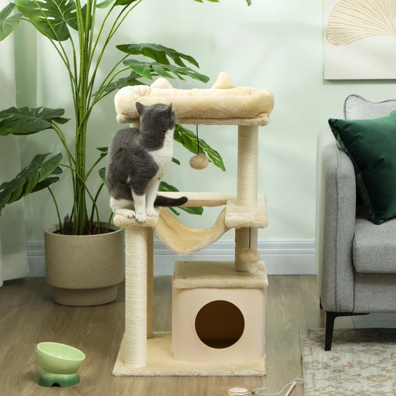 PawHut Árvore para Gatos Arranhador com Brinquedo Barra de Descanso Rede 48x48x90 cm Creme
