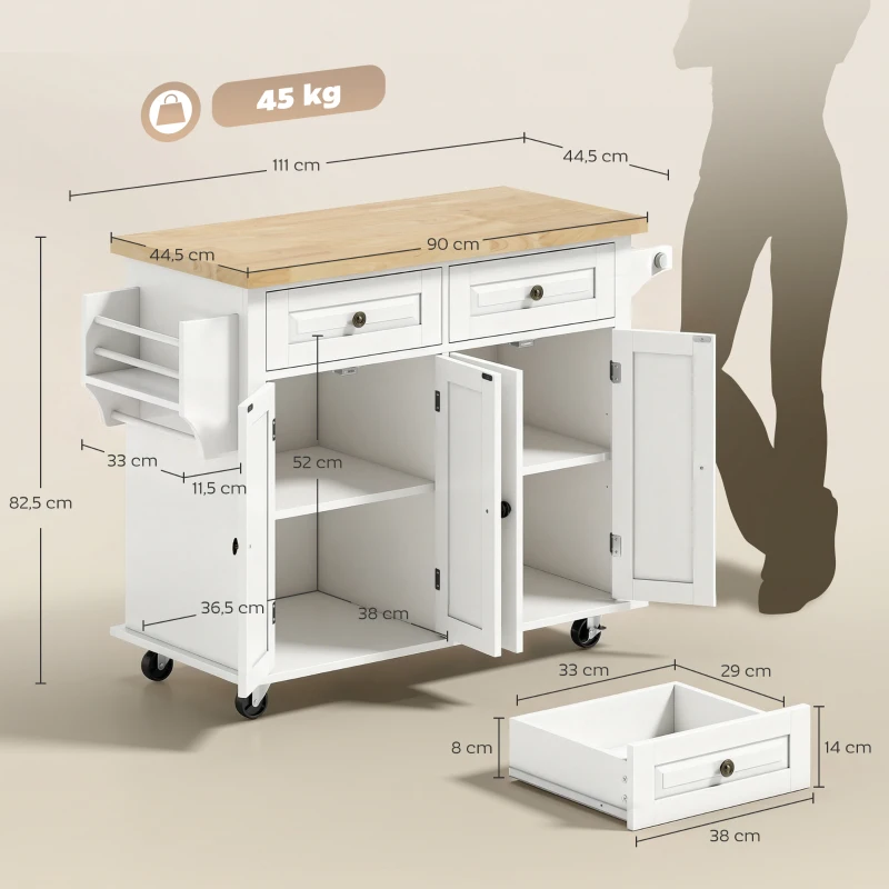 HOMCOM Isla de Cocina con Ruedas Mueble Auxiliar de Cocina con Especiero y Barra Lateral 111x44,5x82,5 cm Blanco