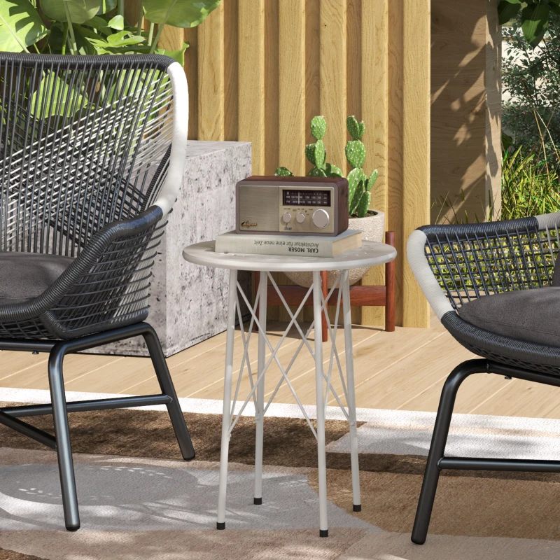 Outsunny Mesa de Jardín Redonda de Acero con Diseño de Flores y Hojas Patas Ajustables y Estructura en Forma de X Ø40x50cm Blanco