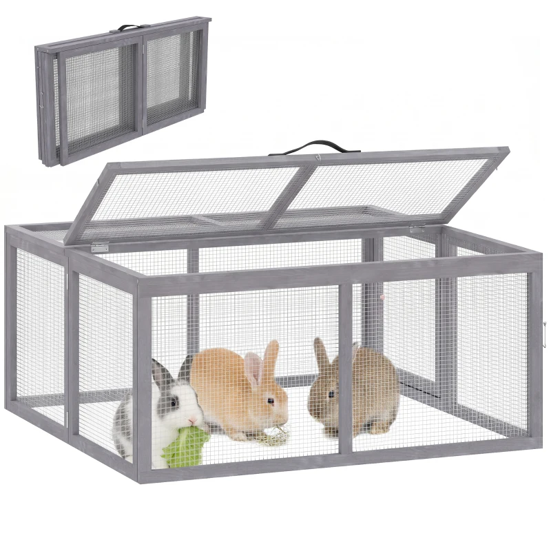 PawHut Clapier Lapin Extérieur Enclos Lapin Pliable en Bois Toit Ouvrant et Poignée pour Poule Canard 110x105x50cm Gris