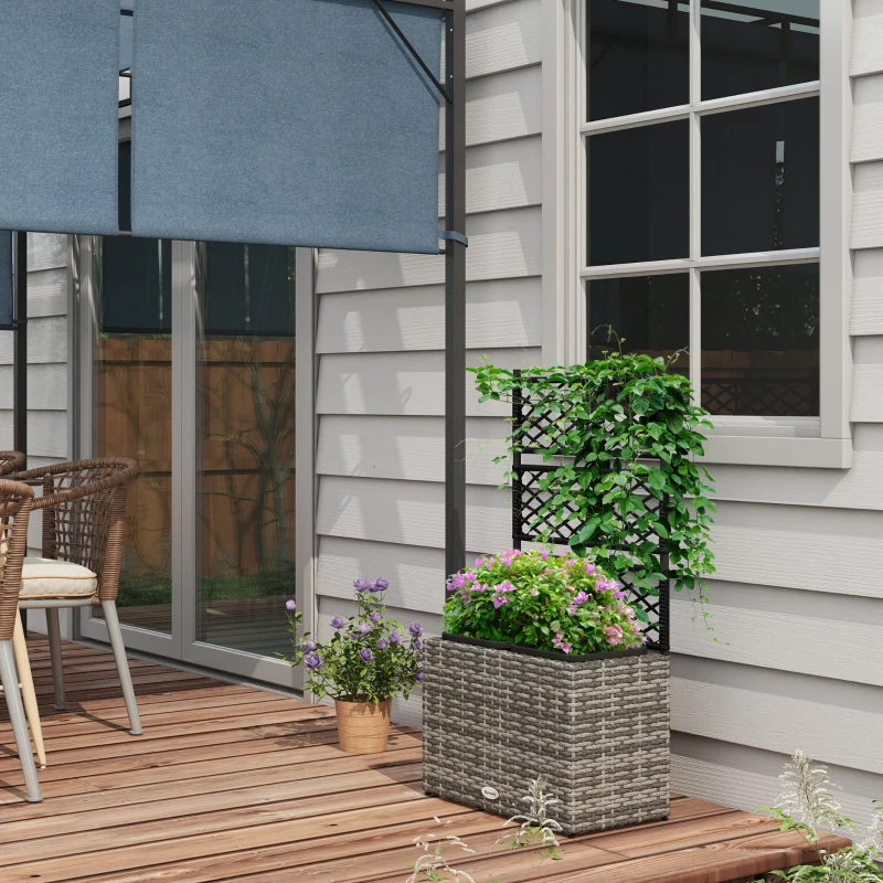 Outsunny Jardinière pour plantes avec treillis 2 bacs à plante 22L en résine tressée et acier galvanisé 57 x 30 x 107 cm gris