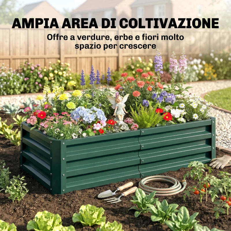 Outsunny Letto per Orto Rialzato a Fondo Aperto con Rivestimento, in Acciaio Zincato, 120x60x30.5 cm, Verde
