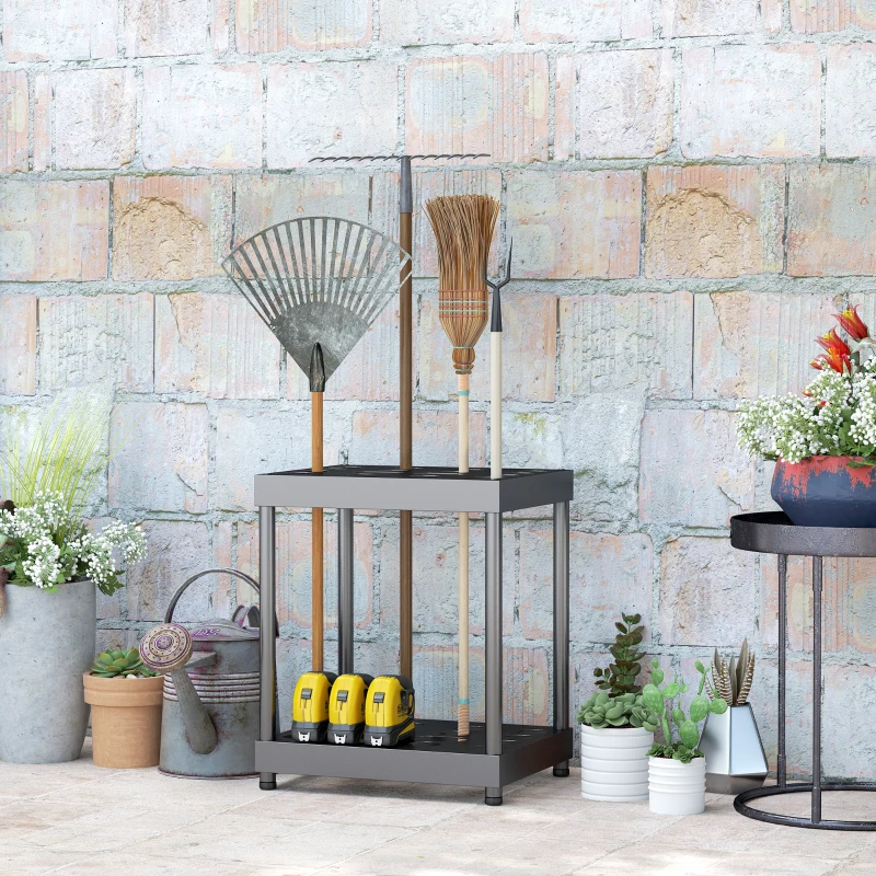 Outsunny Organizador de Ferramentas de Jardim Suporte de Ferramentas de Jardim 16 Compartimentos em 2 Níveis 42x33x50 cm Preto