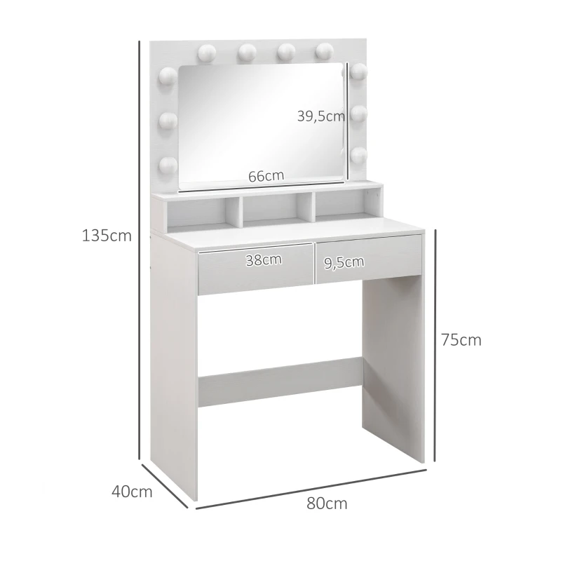 HOMCOM Coiffeuse avec miroir Hollywood, tiroirs, 3 modes d'éclairage, 10 ampoules, 80 x 40 x 135 cm, blanc