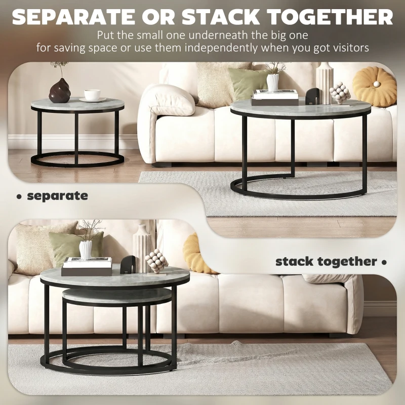 HOMCOM Set of Two Marble-Effect Stacking Tables - Grey