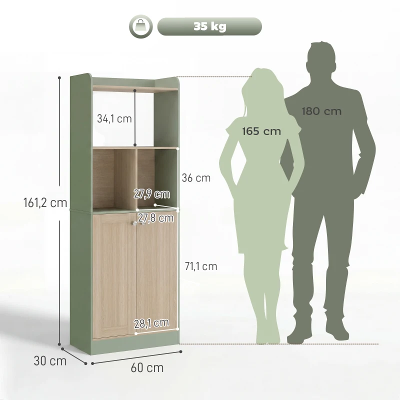 HOMCOM Bibliothèque à 5 niveaux, meuble de rangement, étagère à livres avec 2 portes, 60 x 30 x 161,2 cm vert et bois naturel