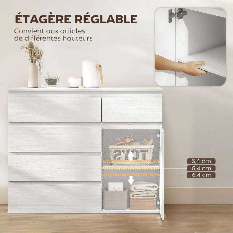HOMCOM Commode 5 tiroirs, buffet salon, meuble de rangement, étagère réglable et porte à fermeture douce, 100x40x80cm, blanc