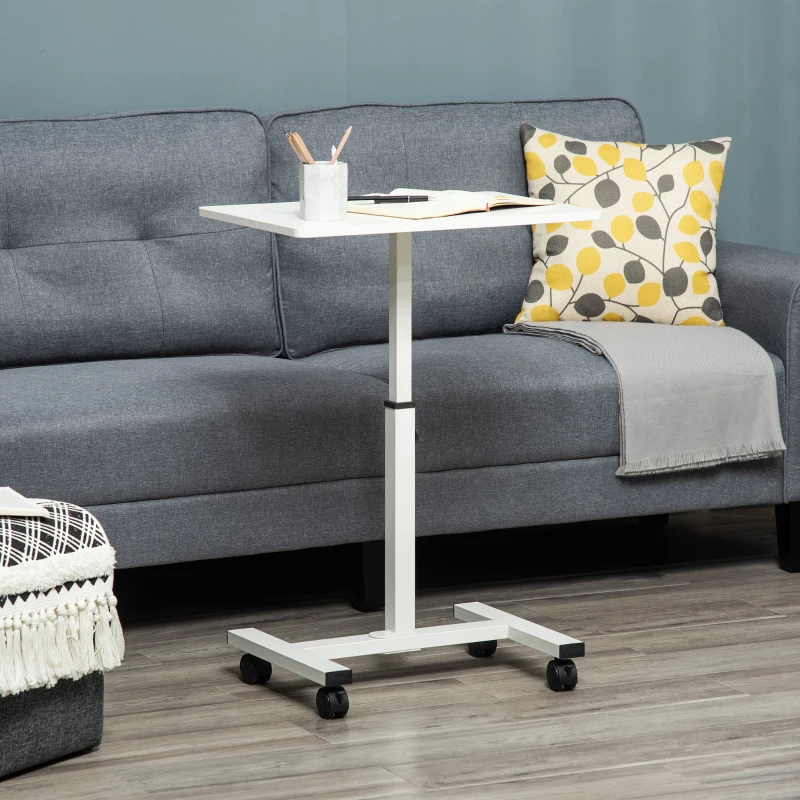 HOMCOM Mesa Auxiliar con Ruedas Mesita Lateral para Sofá Cama Altura Ajustable Marco de Metal y Frenos 60x40x52,5-84 cm Blanco