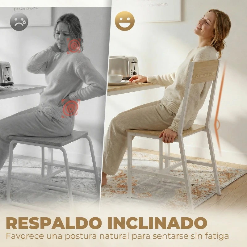 HOMCOM Juego de 2 Sillas de Comedor Sillas de Cocina con Respaldo Inclinado Estructura Metálica Natural