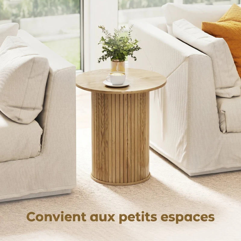 HOMCOM Table d'appoint ronde Ø 48 cm, table basse avec pieds cannelés pour salon, chambre ou petit espace, chêne