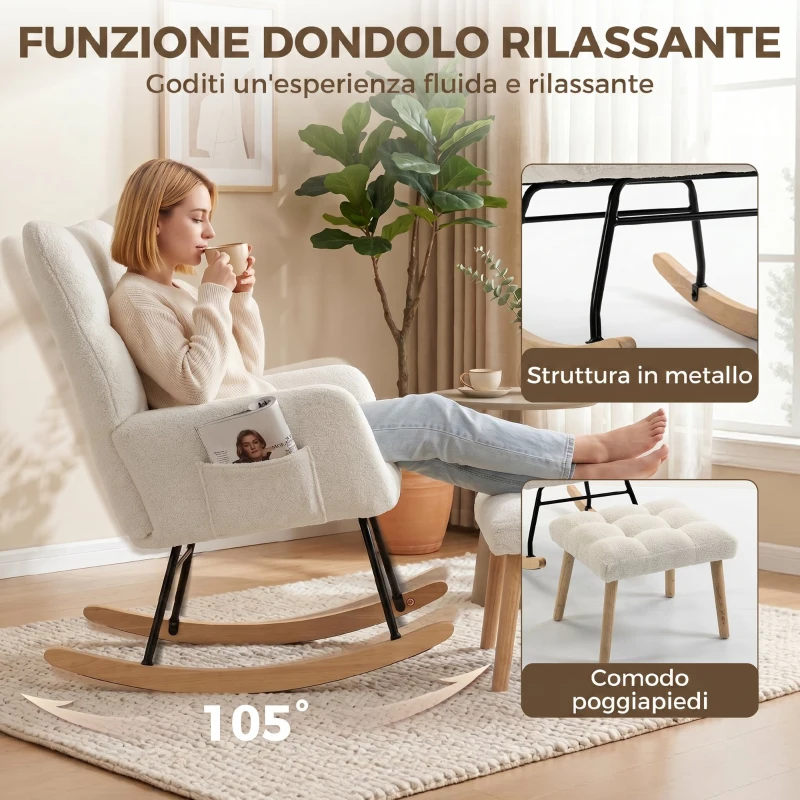 HOMCOM Sedia a Dondolo in Sherpa con Poggiapiedi, Tasche Laterali, Seduta Spessa e Design Trapuntato, Crema