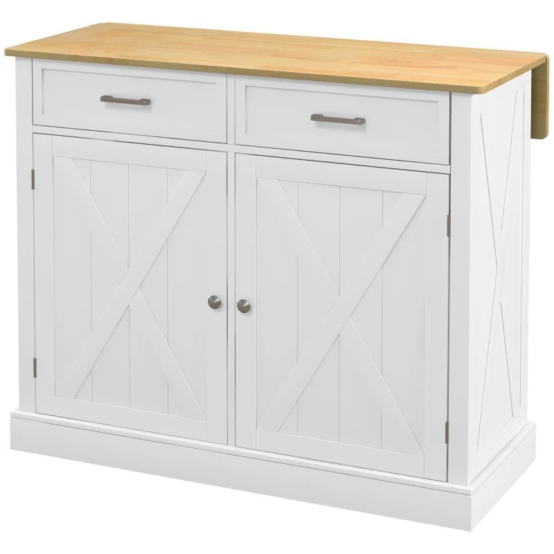 HOMCOM Isla de Cocina Carro de Cocina con Encimera de Madera Plegable 2 Puertas 2 Cajones Estante Ajustable y 4 Ruedas 105x60x90,5 cm Blanco
