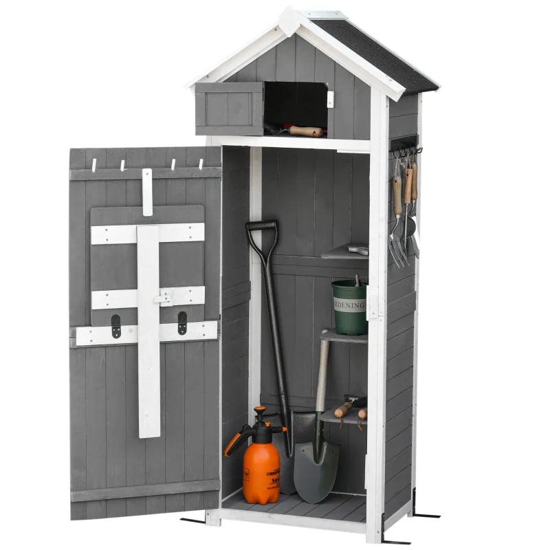 Outsunny Armoire abri de Jardin Remise pour Outils 3 étagères 9 Crochets 2 Porte loquets Toit Pente bitumé Sapin Gris Blanc