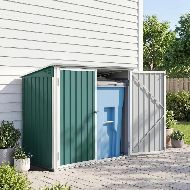 Outsunny Cache Poubelle Extérieur en Acier Galvanisé pour 2 Poubelles, Double Porte, Couvercle Pneumatique, 180x108x130cm, Vert