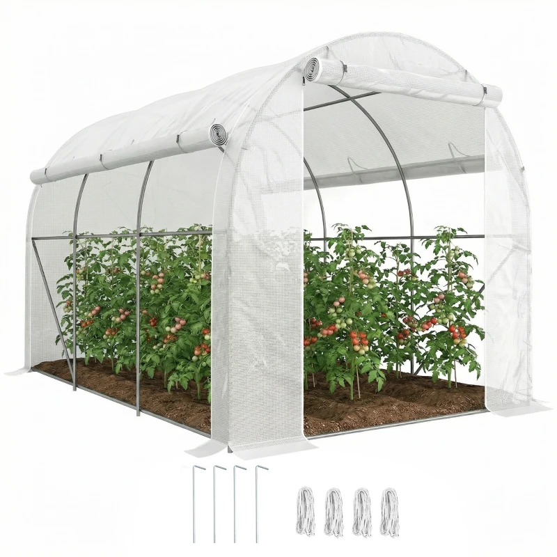 Outsunny Serre de jardin 6 m² dim. 3 x 2 m avec 1 porte + 2 parois latérales zippées enroulables, 6 fenêtres, Blanc