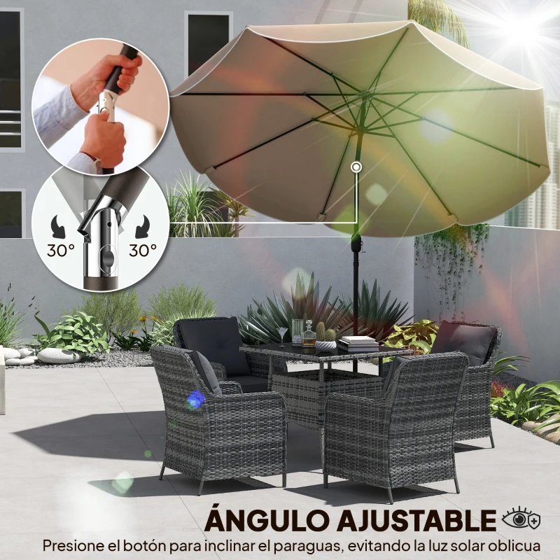 Outsunny Sombrilla Terraza Exterior Ø2,7 m Sombrilla con Inclinación Ajustable 3 Posiciones Manivela y Volante Caqui