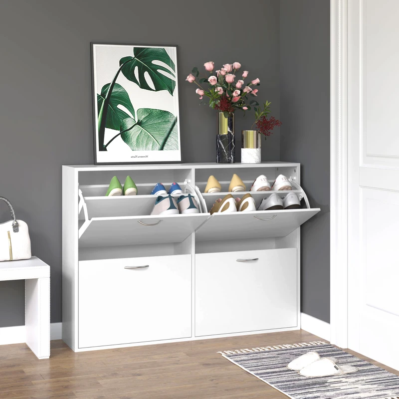 HOMCOM Mueble Zapatero Blanco Zapatero Moderno con 4 Cajones Abatibles para 16-24 Pares de Zapatos para Pasillo 120x24x81 cm