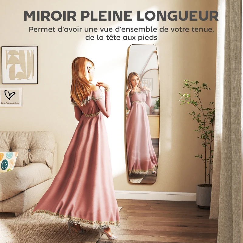 HOMCOM Grand miroir mural ovale 160 x 40 cm, miroir suspendu moderne, cadre en métal et bois, prêt à accrocher, doré