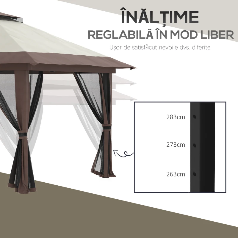 Pavilion Outsunny pliabil 4x4 m cu înălțime reglabilă, plasă de țânțari și geantă, din metal și material Oxford, bej