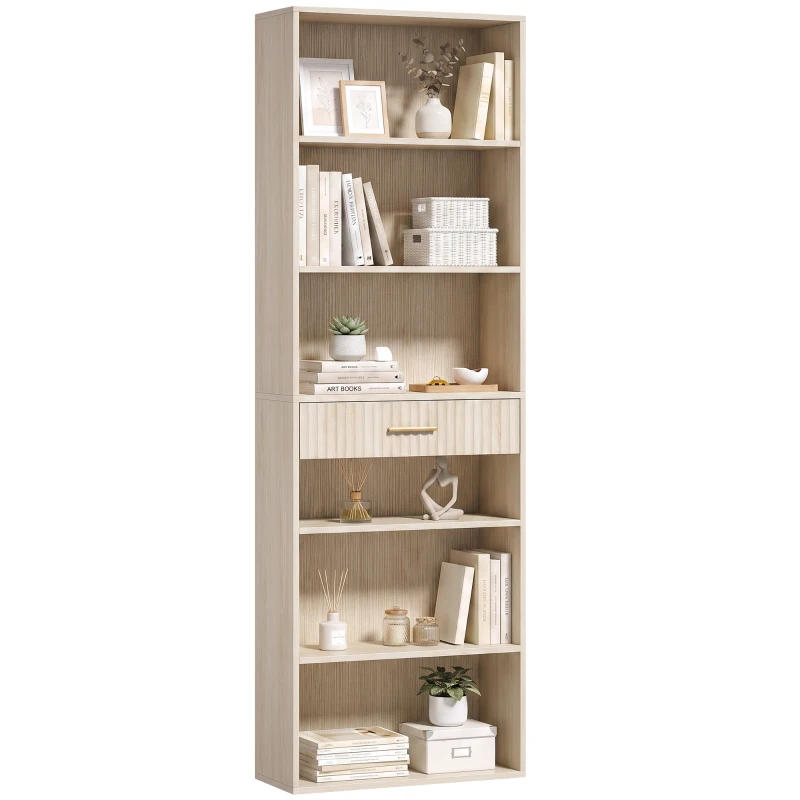 HOMCOM Bookcase Narrow Tall Space-Saving Bookshelf Drawer Open Shelves 60 x 24 x 182 cm Oak Wood Effect