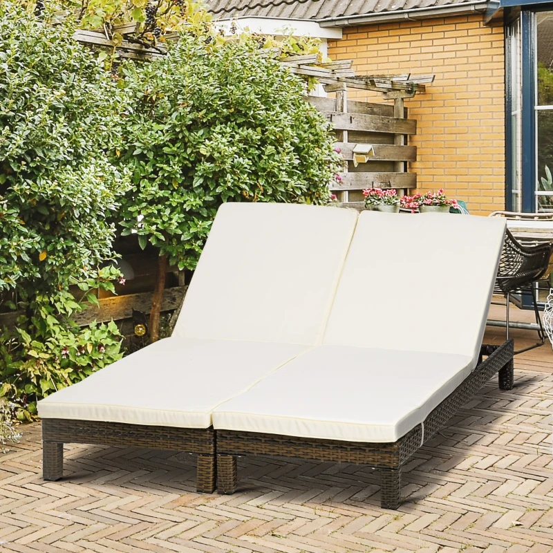 Outsunny Conjunto de 2 Tumbonas de Jardín Tumbonas de Ratán Reclinable en 5 Posiciones para Terraza Patio 196x60x22 cm Marrón