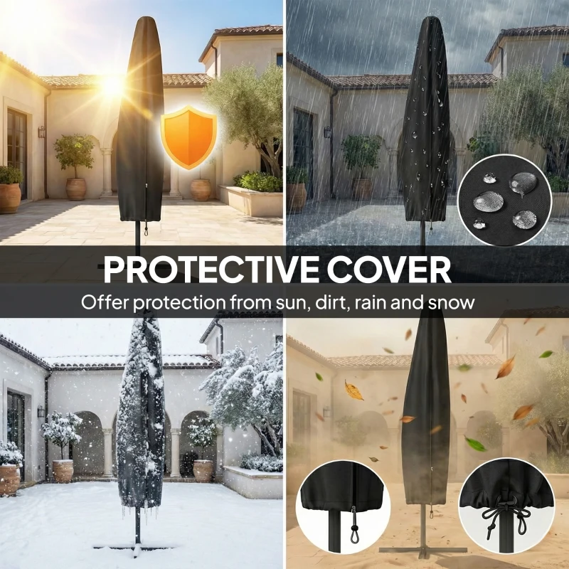 Outsunny 3 m Garden Cantilever Parasol with LED Solar Light, Round Overhanging Umbrella with 360° Rotation, Cover, Orange