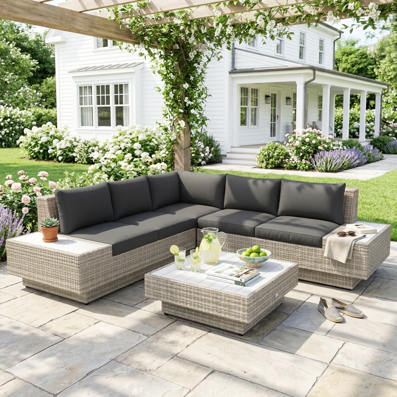Outsunny 4 PCs Rattan Garden Furniture Outdoor Sectional Corner Sofa and Coffee Table Set - Conservatory Wicker Weave Furniture with Armrest and Cushions, Light Grey
